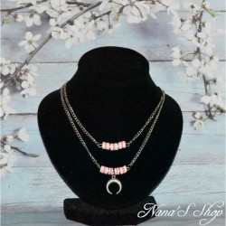Chaine fantaisie, double rang, perles Heishi, pendentif corne demi-lune, modèle 4.