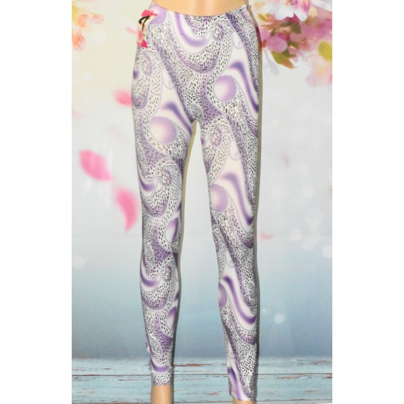 Leggings blanc, imprimé noir et violet,