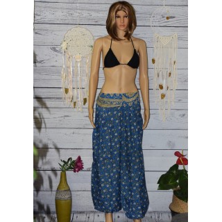 Pantalon bouffant, en soie, coloris bleu.