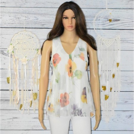 Blouse et voile, fleuri, Desigual Oeste, coloris blanc.