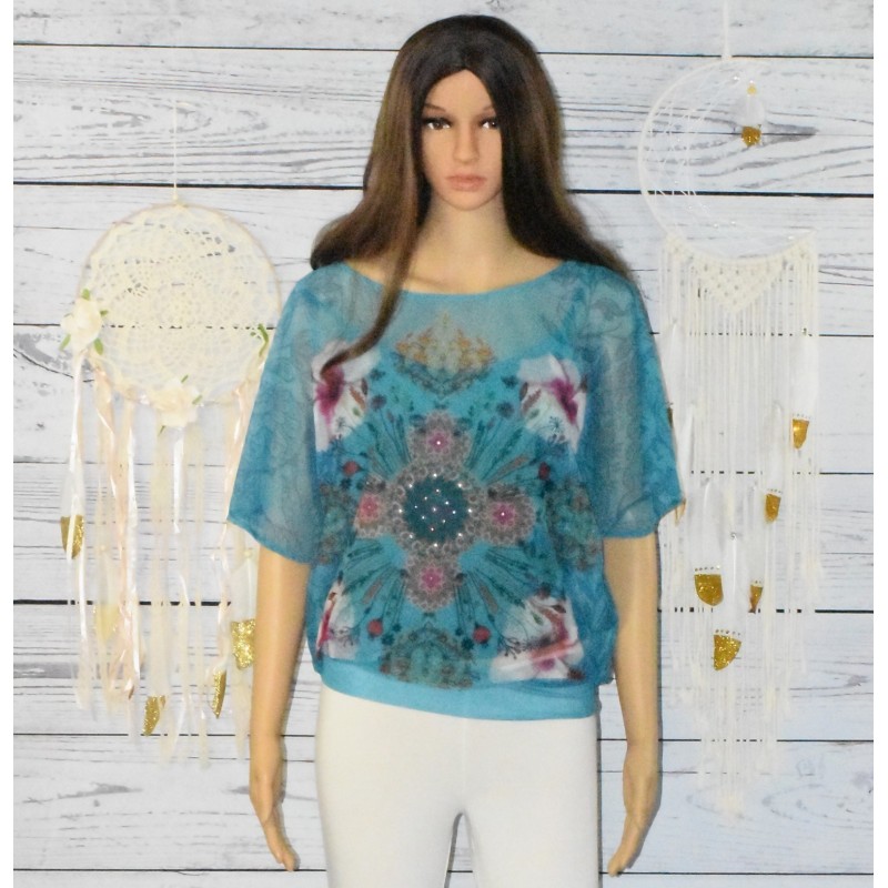 Tee-shit voile, Desigual, Sole, coloris bleu turquoise. Tee-shit voile, Desigual, Sole, coloris bleu turquoise.