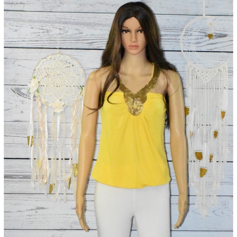 Top de soirée, Perles dorées, taille unique, coloris jaune. Top de soirée, Perles dorées, taille unique, coloris jaune.