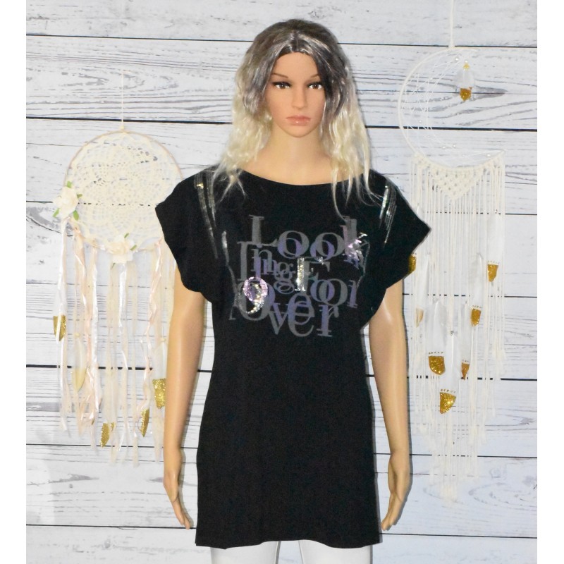 T shirt Tunique sequins, Look for ever, coloris noir.