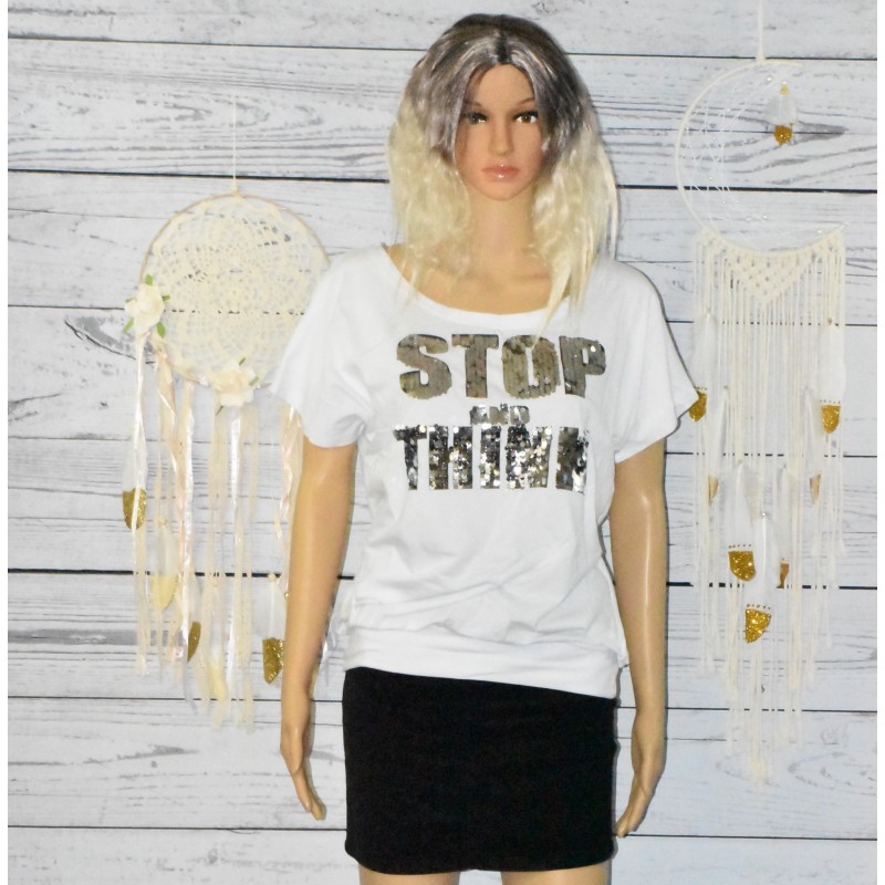 T-shirt large à Sequins, Stop and think, coloris blanc.