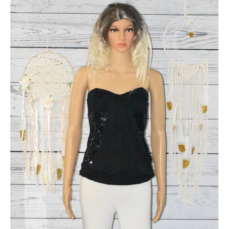 Top bustier drapé à sequins, Dada Ladies, coloris noir. Top bustier drapé à sequins, Dada Ladies, coloris noir.
