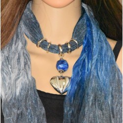 Foulard bijoux, tie & die, pendentif cœur, coloris bleu.