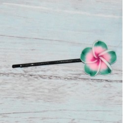 Barrette en métal, fleur de frangipanier, coloris vert.