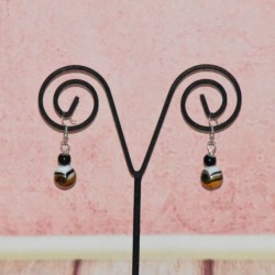 Boucles d'oreilles boule, en verre, coloris bleu jaune ocre.