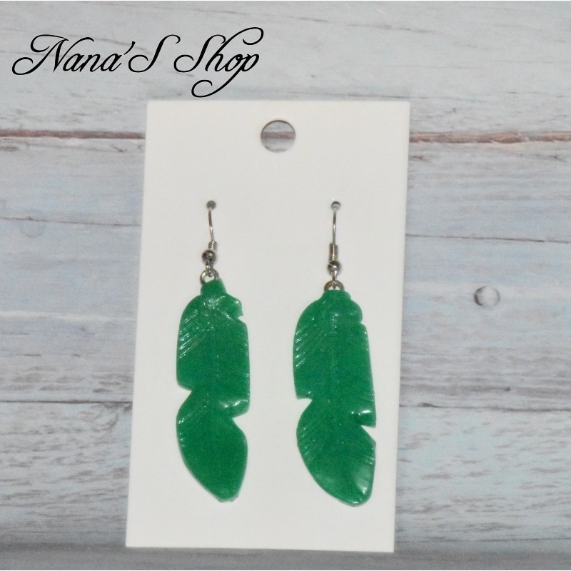 Boucles d'oreilles Plume, en pâte polymère, coloris vert.