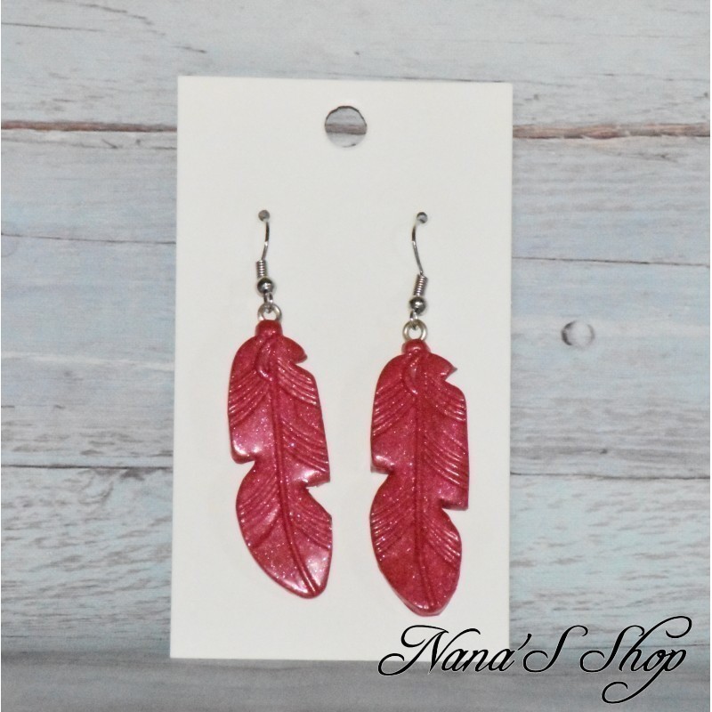 Boucles d'oreilles Plume, en pâte polymère, coloris rouge.