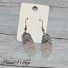 Boucles d'oreilles forme plume, en pâte polymère, coloris blanc, mauve, gris et bleu.