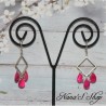 Boucle d'oreilles fantaisie, losange et gouttes en nacre, coloris rose fuchsia.