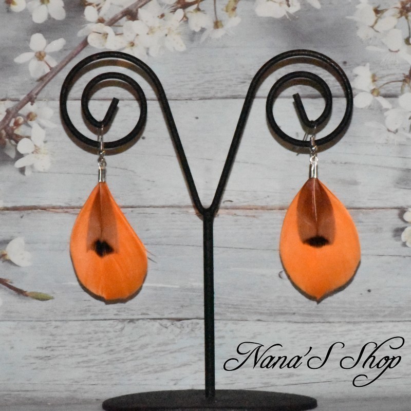 Boucles d'oreilles duo de plumes simple, coloris orange.