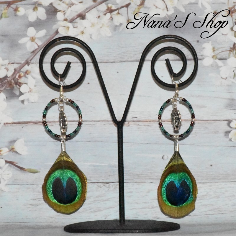 Boucles d'oreilles fantaisie, Paon et plumes.