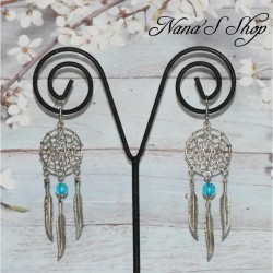 Boucles d'oreilles attrape rêve en métal, coloris bleu turquoise.