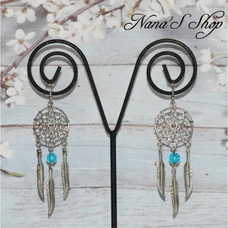 Boucles d'oreilles attrape rêve en métal, coloris bleu turquoise.