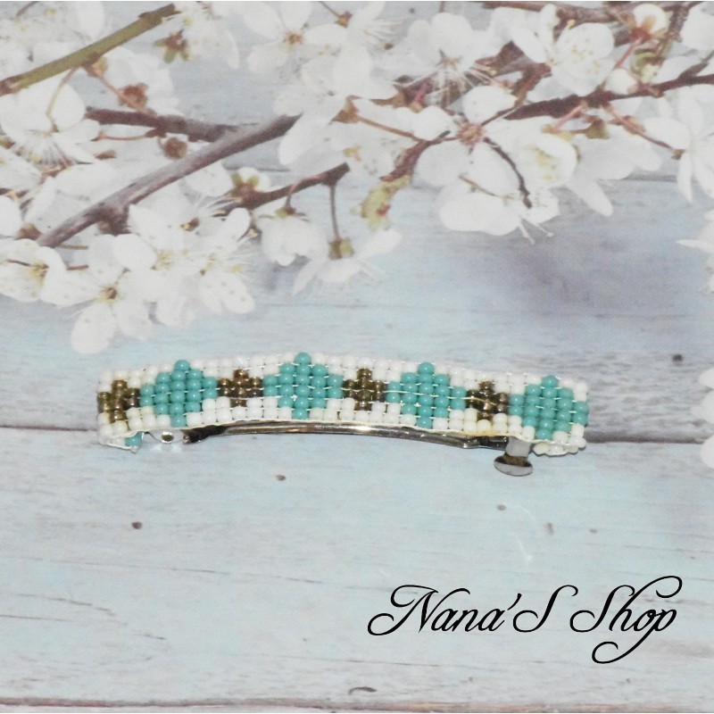 Barrette à cheveux, en perles tissé, blanche, coloris vert turquoise.