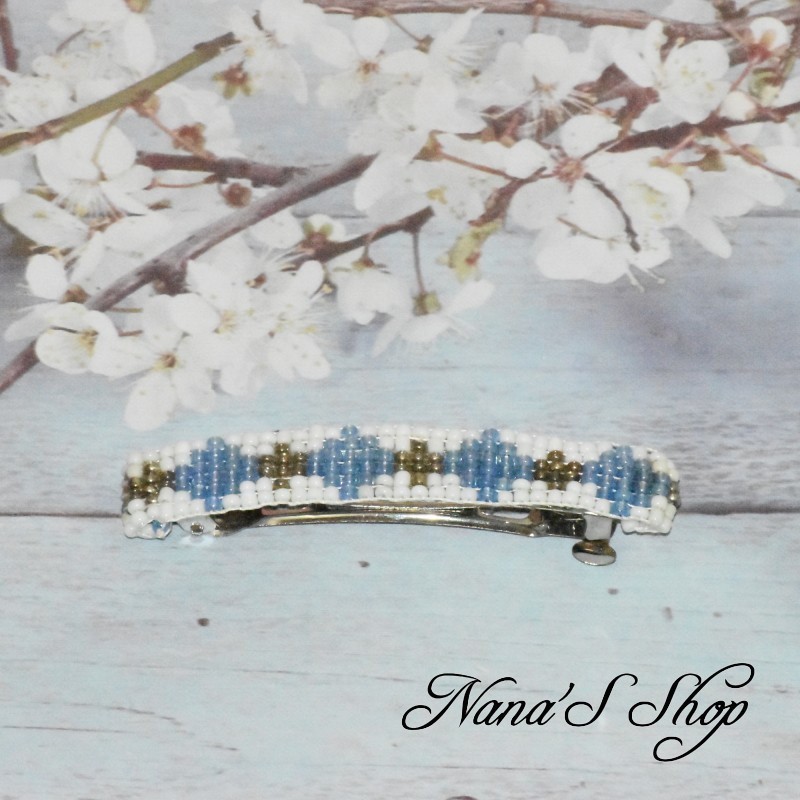 Barrette à cheveux, en perles tissé, blanche, coloris bleu.