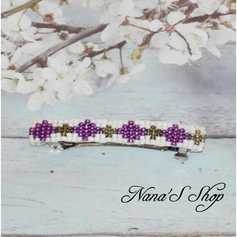 Barrette à cheveux, en perles tissé, blanche, coloris violet.