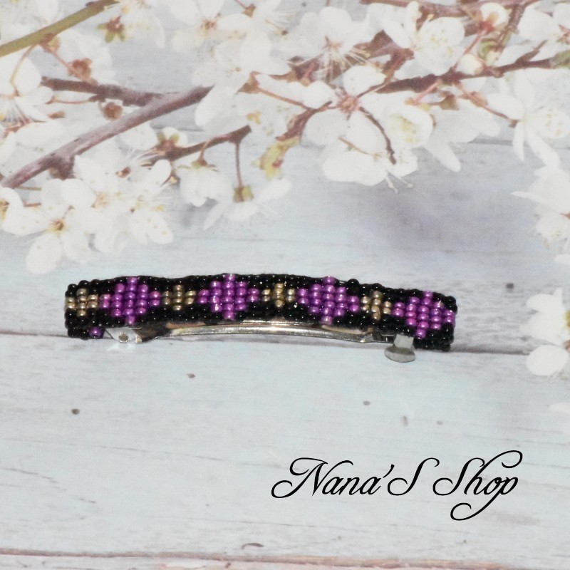 barrette à cheveux, en perles tissé, noire, coloris violet. barrette à cheveux, en perles tissé, noire, coloris violet.