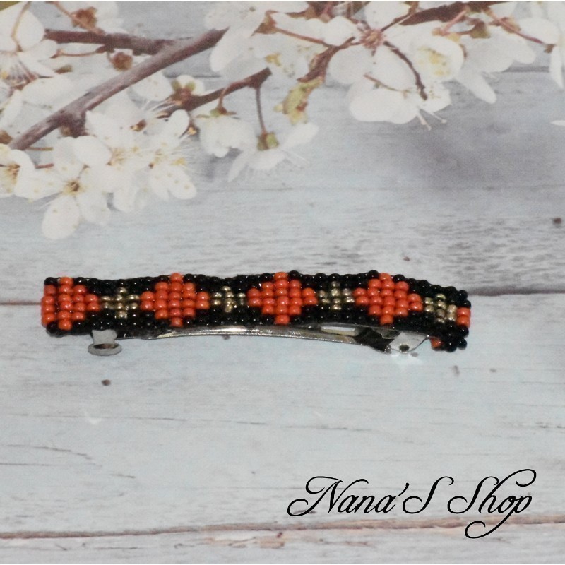 barrette à cheveux, en perles tissé, noire, coloris rouge. barrette à cheveux, en perles tissé, noire, coloris rouge.