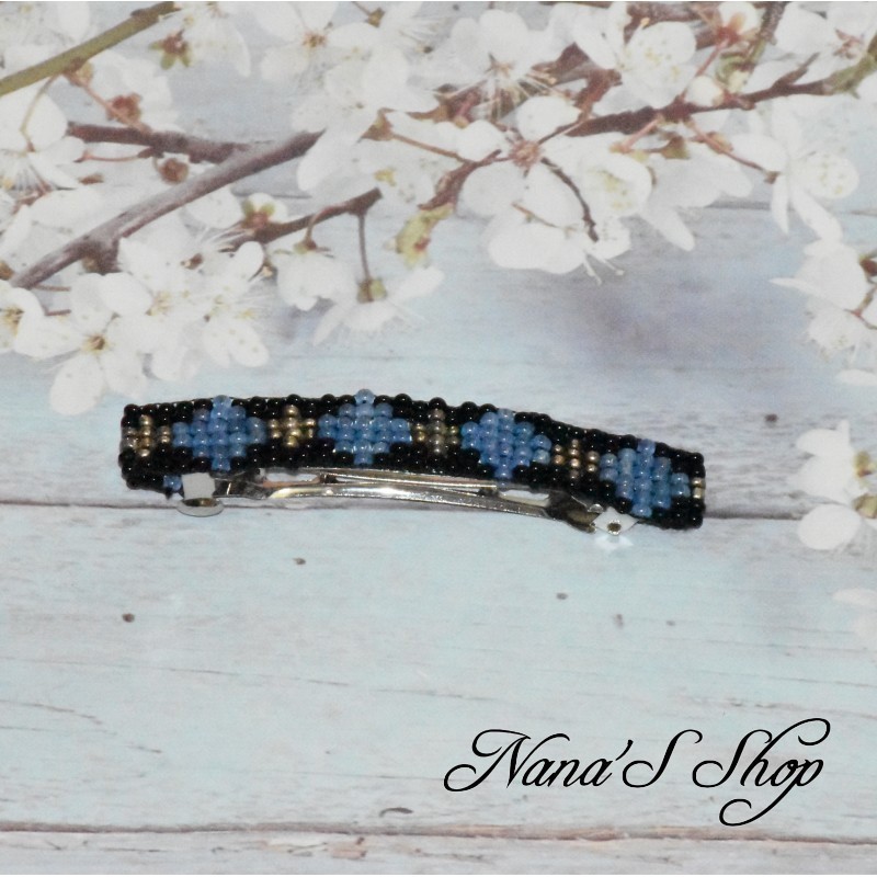 barrette à cheveux, en perles tissé, noire, coloris bleu. barrette à cheveux, en perles tissé, noire, coloris bleu.