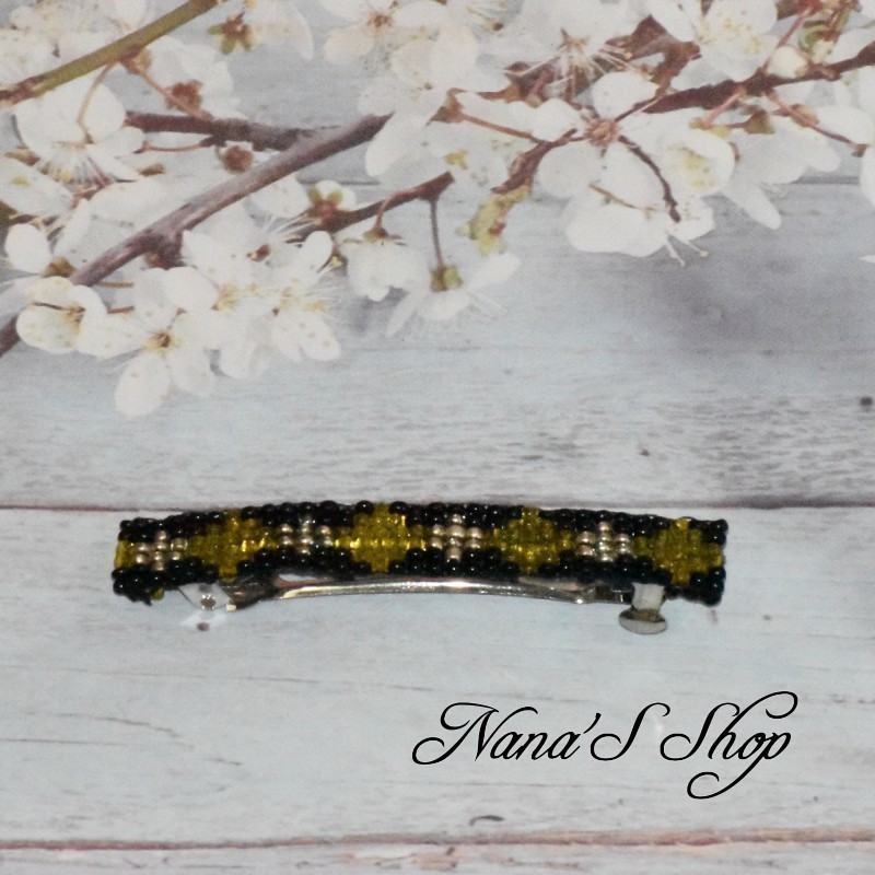 barrette à cheveux, en perles tissé, noire, coloris jaune. barrette à cheveux, en perles tissé, noire, coloris jaune.