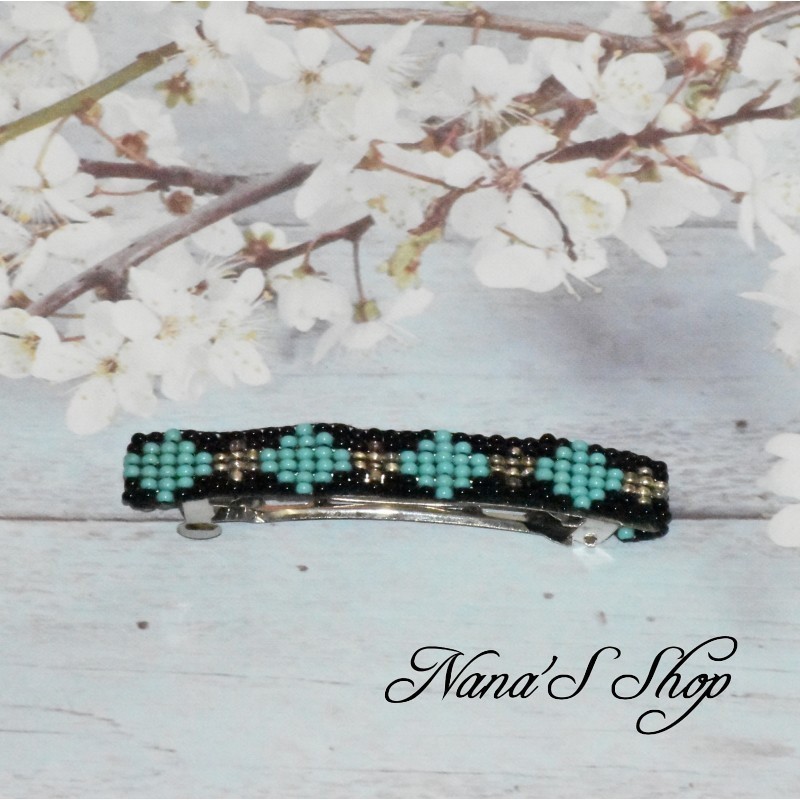 barrette à cheveux, en perles tissé, noire, coloris vert turquoise. barrette à cheveux, en perles tissé, noire, coloris vert turquoise.