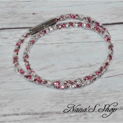 Collier ou bracelet double, tube résille, effet stardust, coloris rose.