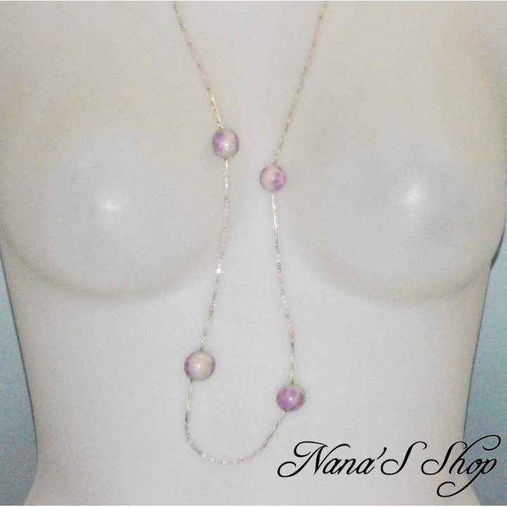 Sautoir Collection Douceur, en perles de rocailles et pâte polymère, coloris mauve.