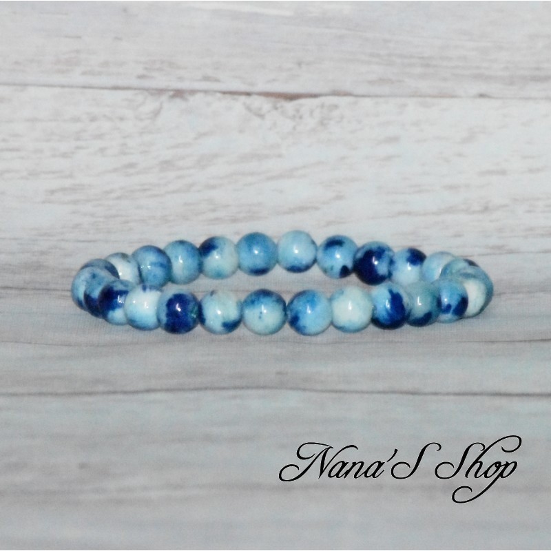 Bracelet élastique en perles, pierre Jadéite et néphrite dégradé bleu