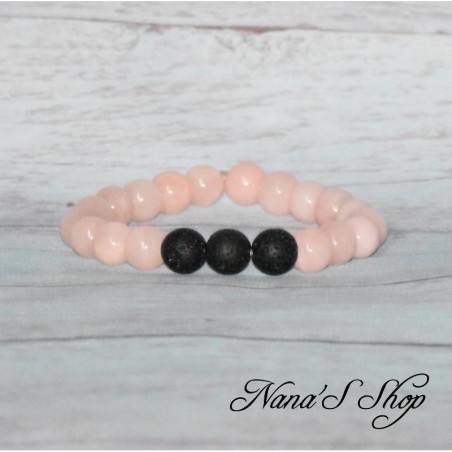 Bracelet pierre Dolomite, pierre de lave, diffuseur huile essentielle, tons rose pâle.