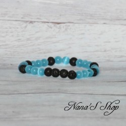 Bracelet diffuseur huile essentielle, œil de chat et perles de lave, coloris bleu.