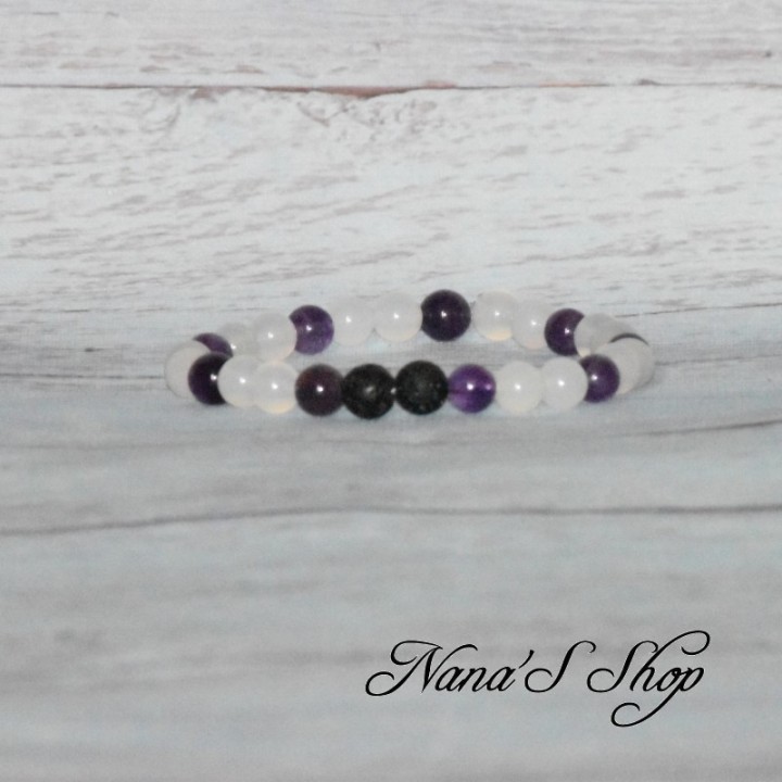 Bracelet perles en pierre, diffuseur huile essentielle, pierre de lave, agate et améthyste.