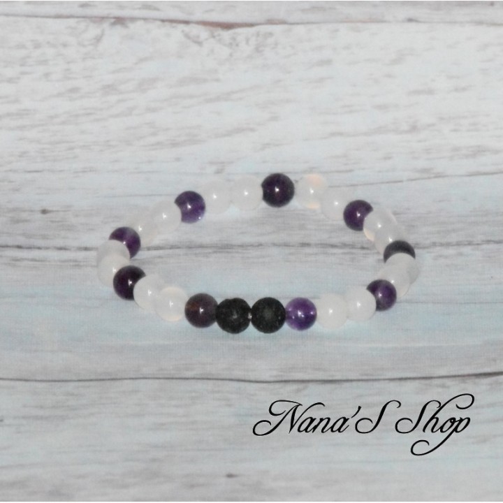 Bracelet perles en pierre, diffuseur huile essentielle, pierre de lave, agate et améthyste.