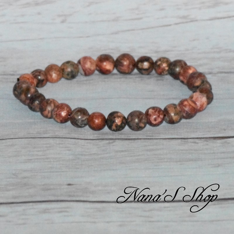 Bracelet élastique, perles en pierre, Jaspe Léopard, tons rouge marron.