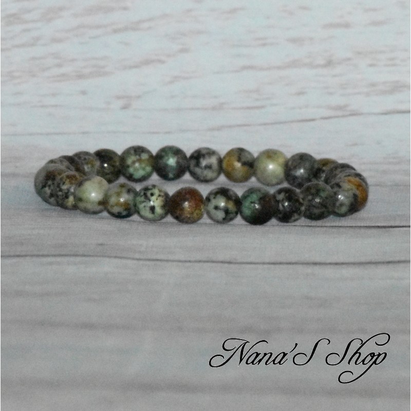 Bracelet élastique perles en pierre, Turquoise Africaine, coloris turquoise et vert foncé.