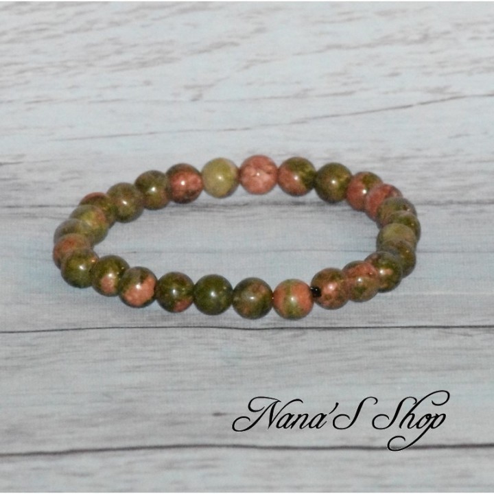 Bracelet élastique perles en pierre, Unakite épidote, tons kaki.