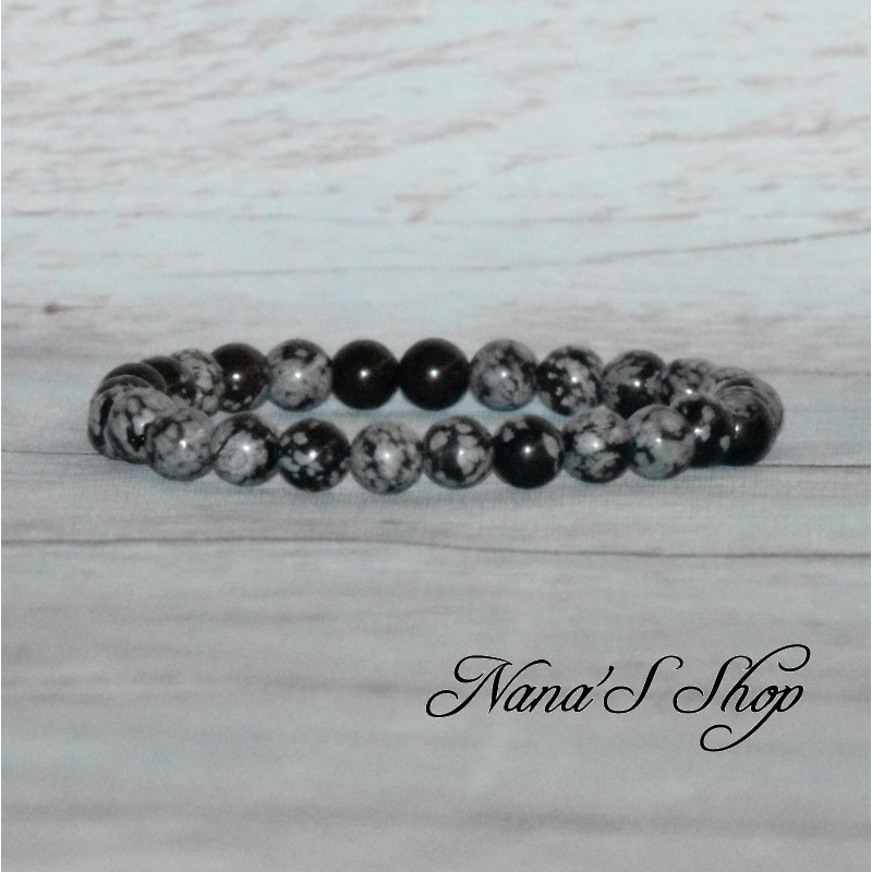 Bracelet élastique perles en pierre, Obsidienne, tons noir et gris. Bracelet élastique perles en pierre, Obsidienne, tons noir et gris.
