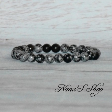 Bracelet élastique perles en pierre, Obsidienne, tons noir et gris.