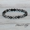Bracelet élastique perles en pierre, Obsidienne, tons noir et gris.