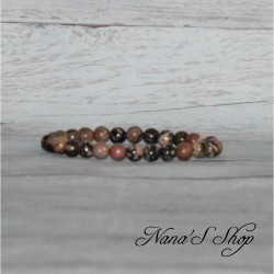 Bracelet élastique perles en pierre, Rhodonite, tons rose et noir.