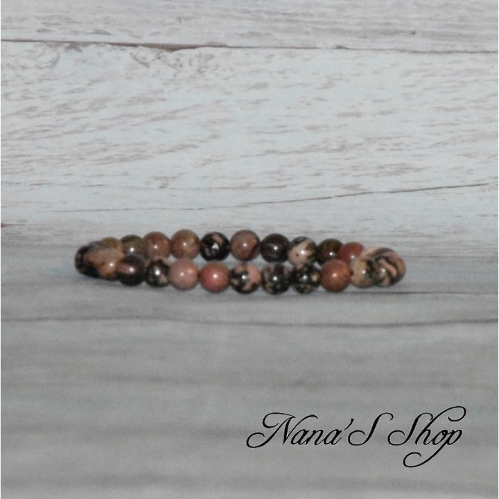 Bracelet élastique perles en pierre, Rhodonite, tons rose et noir.
