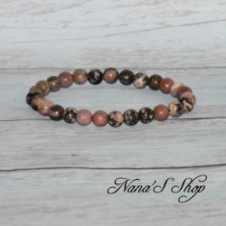 Bracelet élastique perles en pierre, Rhodonite, tons rose et noir.