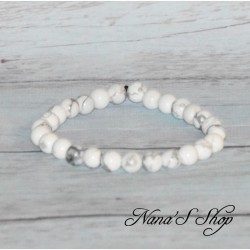 Bracelet élastique perles en pierre, Howlite marbré, coloris blanc, 6mm.