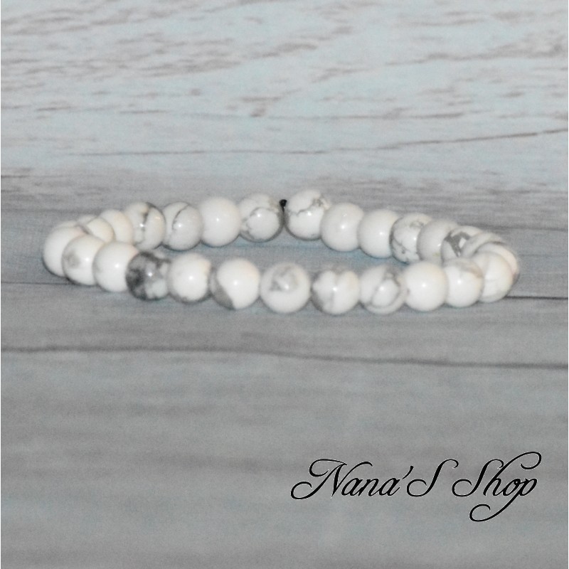 Bracelet élastique perles en pierre, Howlite marbré, coloris blanc, 6mm.
