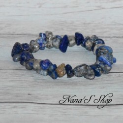 Bracelet élastique, perles en pierre, Dumortiérite, Chips, tons bleu gris.