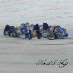 Bracelet élastique, perles en pierre, Dumortiérite, Chips, tons bleu gris.