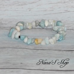 Bracelet élastique, perles en pierre, Amazonite, Chips, tons blanc turquoise.