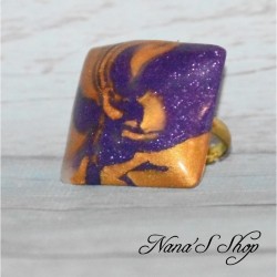 Bague fantaisie en pâte polymère, carré, coloris violet et doré, modèle 2.